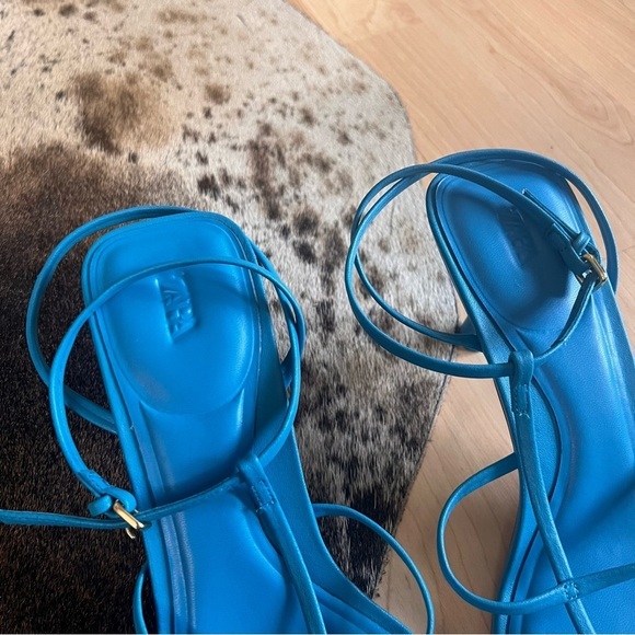 ZARA Blue Leather Strappy Square Toe Heeled‎ Size 39 US 8 - Picture 4 of 7